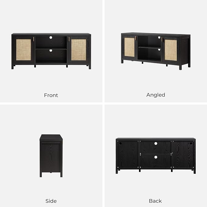 SICOTAS Rattan TV Stand for Living Room - 26" Tall Farmhouse Entertainment Center with Storage and Wicker Door, Media TV Console Cabinet for TVs Up to 65 Inch, Black Oak