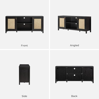 SICOTAS Rattan TV Stand for Living Room - 26" Tall Farmhouse Entertainment Center with Storage and Wicker Door, Media TV Console Cabinet for TVs Up to 65 Inch, Black Oak