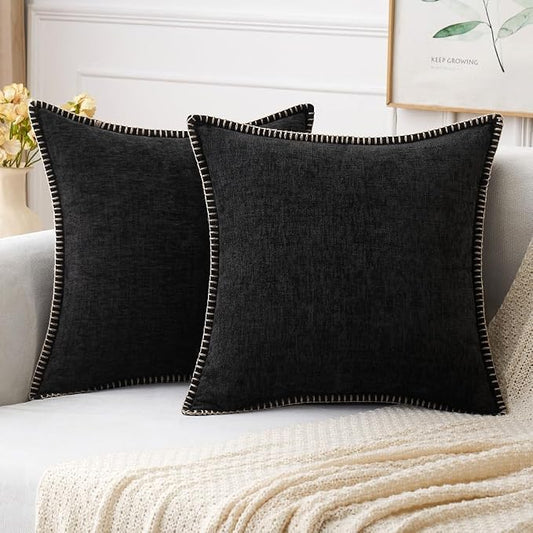 MIULEE Pack of 2 Couch Throw Pillow Covers 20x20 Inch Black Farmhouse Decorative Pillow Covers with Stitched Edge Soft Chenille Solid Dyed Pillow Covers for Sofa Bed Living Room