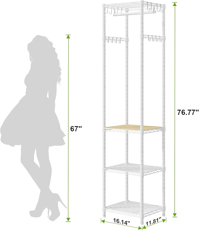 R1 Clothes Rack Heavy Duty, Clothing Racks for Hanging Clothes, Garment Rack with Storage Shelves, Small Coat Rack Freestanding for Entryway, Hallway, Bedroom, Max Load 448 Lbs, White
