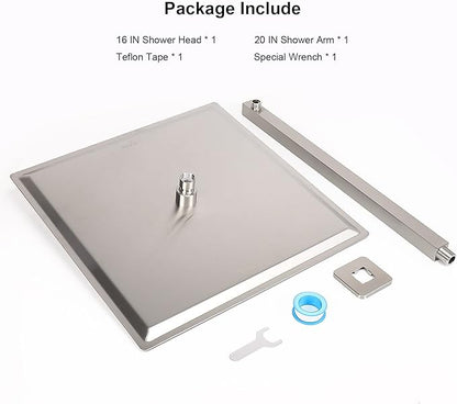HarJue Shower Head with Extension Arm, High Pressure Square with ShowerArm, Stainless Steel Rainfall-Waterfall Full Body Coverage (16'' Shower with 20'' Arm, Brushed Nickel)