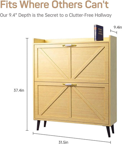 Shoe Storage Cabinet for Entryway with 2 Flip Drawers, Narrow Metal Slim Shoe Cabinet, Freestanding Hidden Shoe Organizer for Foyer, Hallway, Entryway - Wood Color