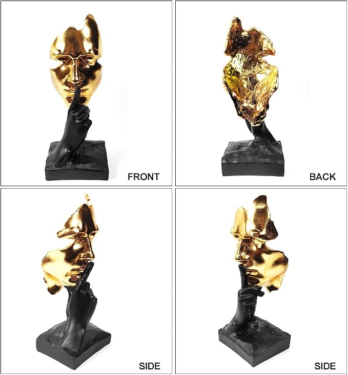 Thinker Statue-Silence is Gold-Abstract Art Figurine Decor - 12" H No Hear No See No Speak Modern Home Resin Sculptures Decorative Objects Decor for Home Office Bookshelf Desktop