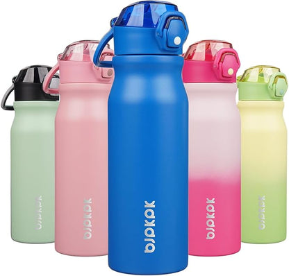 BJPKPK 25oz Insulated Water Bottle with Straw Stainless Steel Double Wall Water Bottles BPA Free Leak Proof Thermal Flask with Lockable Flip Lid and Soft Silicone Spout,Blue
