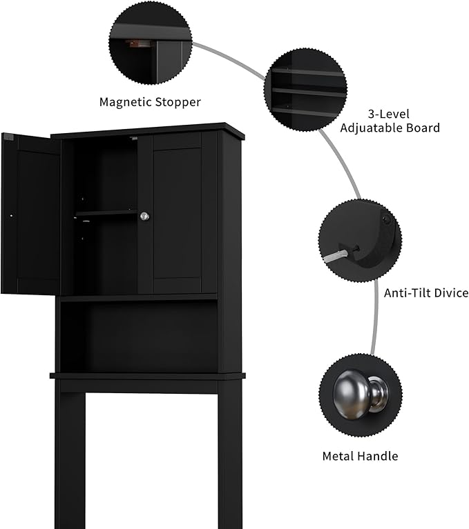 Shintenchi Over the Toilet Storage Cabinet, Bathroom Shelf Organizer with Anti-Tip Device Small Freestanding Space Saver with Adjustable Shelf，Black
