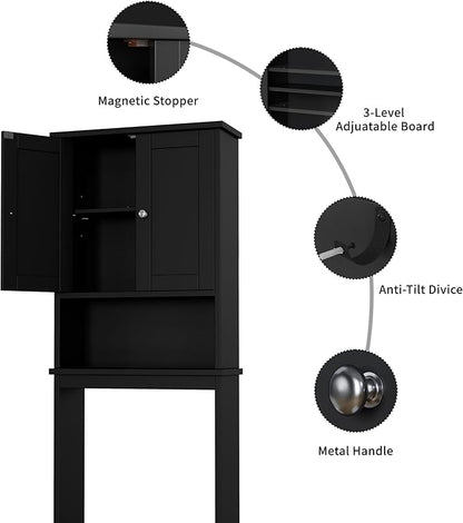 Shintenchi Over the Toilet Storage Cabinet, Bathroom Shelf Organizer with Anti-Tip Device Small Freestanding Space Saver with Adjustable Shelf，Black