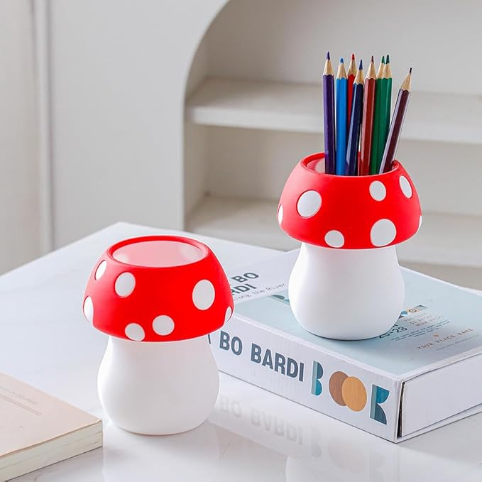 Silicone Pen Holder Cactus Pencil Holder Cute Pens Cup for Desk for Kids Office Decor Desk Accessories Pen Pot Desk Organizer (Red Mushroom)