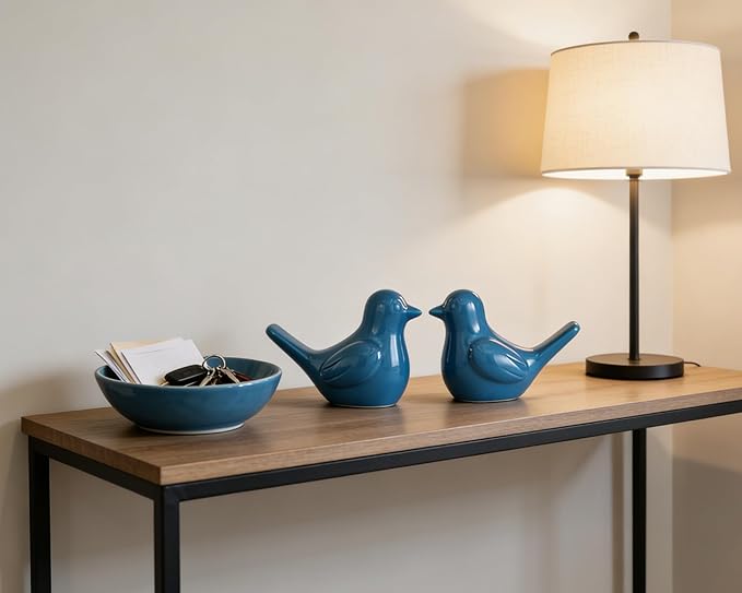 Artconal Small Blue Bird Statue Ceramic 2-Piece Set, 4½ inch Cute Knick Knack for Home Office Shelf Desk Decor
