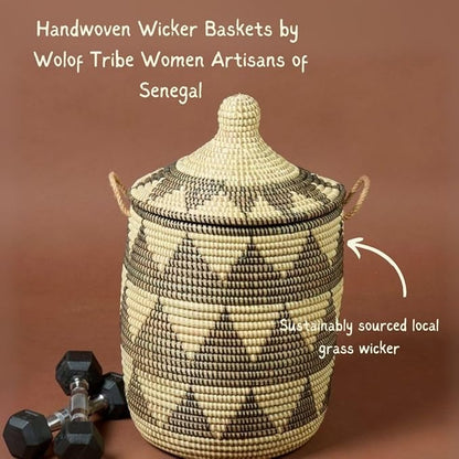 Laundry Basket - Tall and Large Set, Black Beige | Blanket Basket - Living Room, Clothes Hamper - Bed Room, Toys Bin - Nursery | Round, Sturdy, Aesthetic, Hood, Handles, Wicker, Hand Woven, Senegal