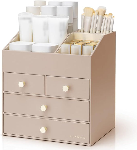VLANDO Makeup Organzier,Vanity Organizer with Drawers, PU Leather Skincare Organizer Perfume Organizer,Large Cosmetic Display Case for Lipstick,Brushes Gifts for Women, Toffee, 4 Layer