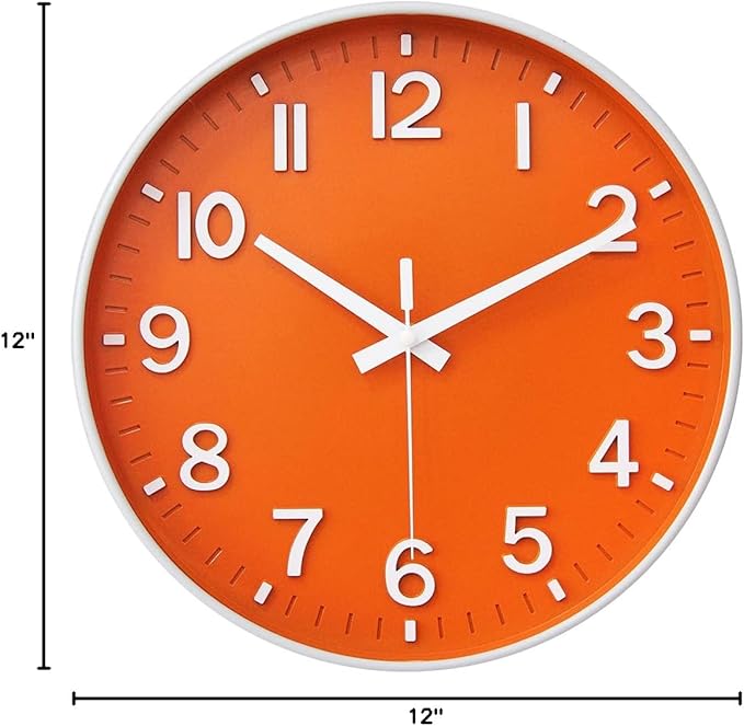 HZDHCLH Wall Clocks Battery Operated,Wall Clock Orange,12 inch Wall Clock Silent Non Ticking Modern 3D Numbers for Kitchen Bedroom Living Room Office Classroom Decor