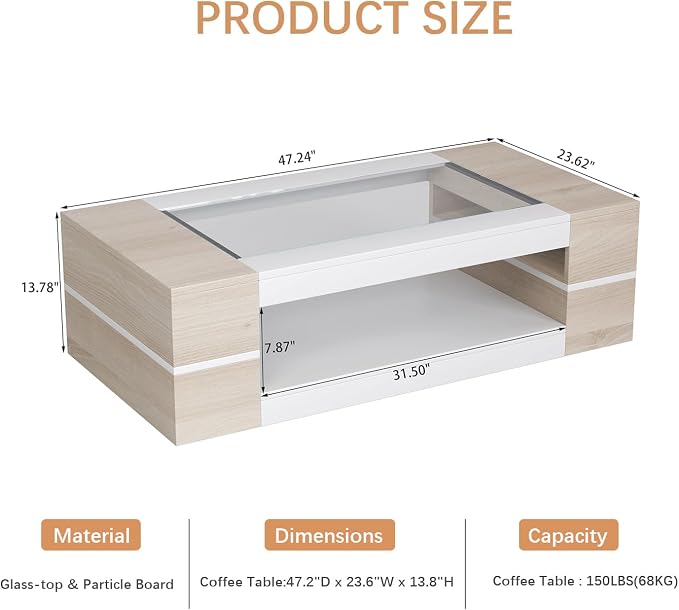 HedoAjim 47.2" Modern Stylish Coffee Table with Glass Table Top, Large Living Room Table Rectangular 2-Tier Center Tables with Storage, Wood Cocktail Tea Tables for Dining Reception Room Natural