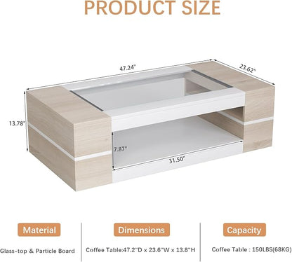 HedoAjim 47.2" Modern Stylish Coffee Table with Glass Table Top, Large Living Room Table Rectangular 2-Tier Center Tables with Storage, Wood Cocktail Tea Tables for Dining Reception Room Natural