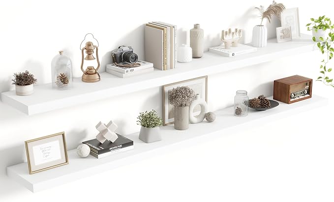 Acovy 72 Inch Floating Shelves, 8 Inch Deep Floating Shelves for Wall, Hanging Shelf with Invisible Brackets, Deep Shelves for Bathroom, Bedroom, Living Room, White, Set of 2
