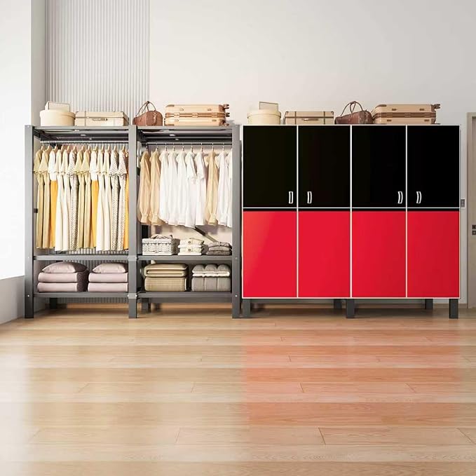 Foldable Portable Wardrobe Closet with Magnetic Doors & Cover, Heavy Duty Covered Clothes Rack with Hanging Clothing Rod, Metal Frame Standing Alone Closet for Bedroom (Door Design A, 49.2IN/125CM)