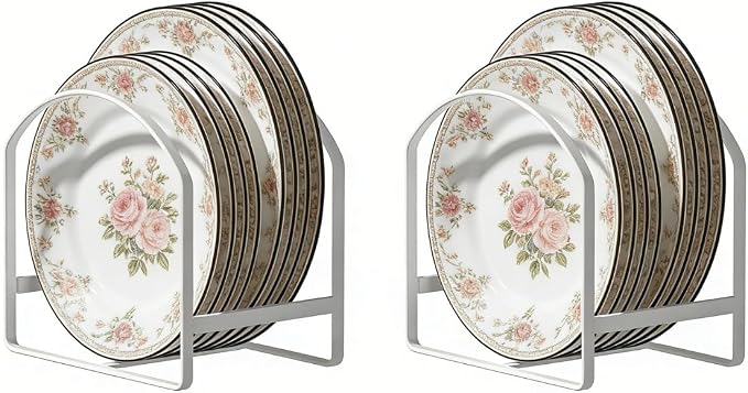 2 Pack Kitchen Plate Holder Organizer for Cabinet Space Saver Dinner Dish Storage Rack Upright Dish Drying Racks Metal Plate Dish Racks Stand for Cupboard and Countertop Rustproof Large White