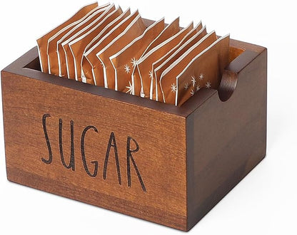 Acacia Sugar Packet Caddy for Coffee Bar, Farmhouse Wood Sugar Holder Packets , Sugar Packet Container, Small Tea Bag Organizer for Office Table,Hotel, Restaurant (Brown-Labeled SUGAR)