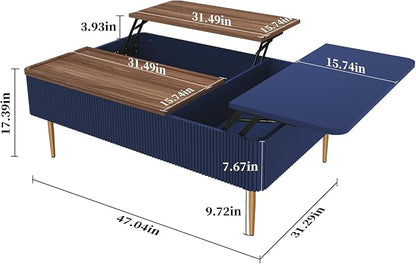 HLR 47" Dual Lift Top Coffee Table with Storage, Modern Wood Fluted Coffee Table with Hidden Compartment,Lift Tabletop Dining Center Table for Living Room, Office, Blue