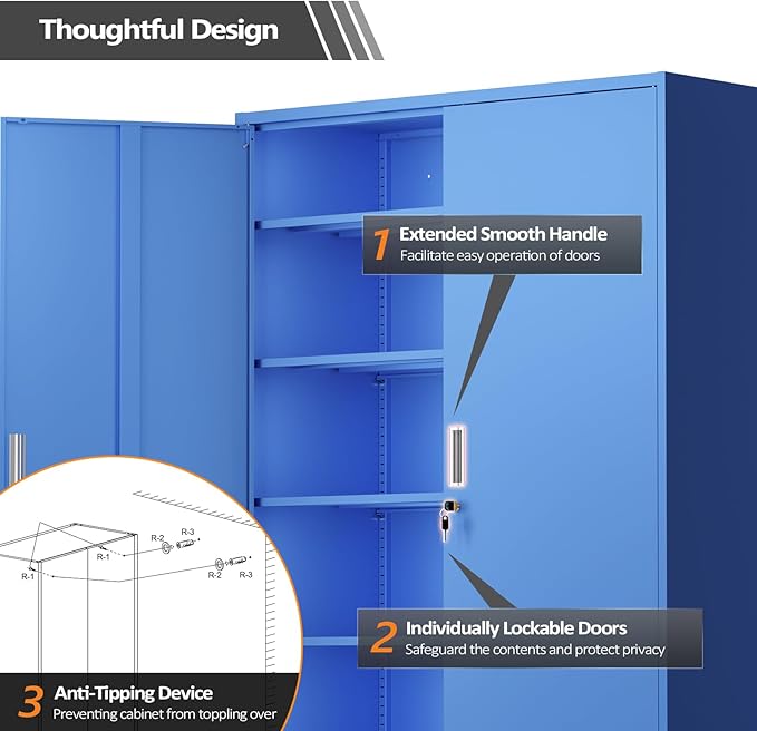 VINGLI Large Metal Storage Cabinet with 2 Doors and 5 Adjustable Shelves, Upgraded Height & Wide & Deep, 43''W x 20''D x 72''H, Oversized Garage Storage Cabinet with Wheels and Locks (Blue)