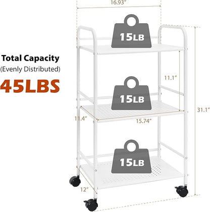 SunnyPoint 3-Tier Rolling Utility Cart – Metal Storage Organizer with Wheels, Mobile Kitchen Cart, Office & Home Organizer, White, 12" D x 16.92" W x 31.1" H