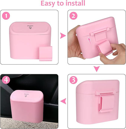 Accmor Car Trash Can with Lid, 2 Pack Pink Mini Vehicle Trash Bin Dustbin Garbage Organizer Holder with Trash Bag, Small Hanging Leakproof Auto Storage Bag Container for Car SUV Home Office