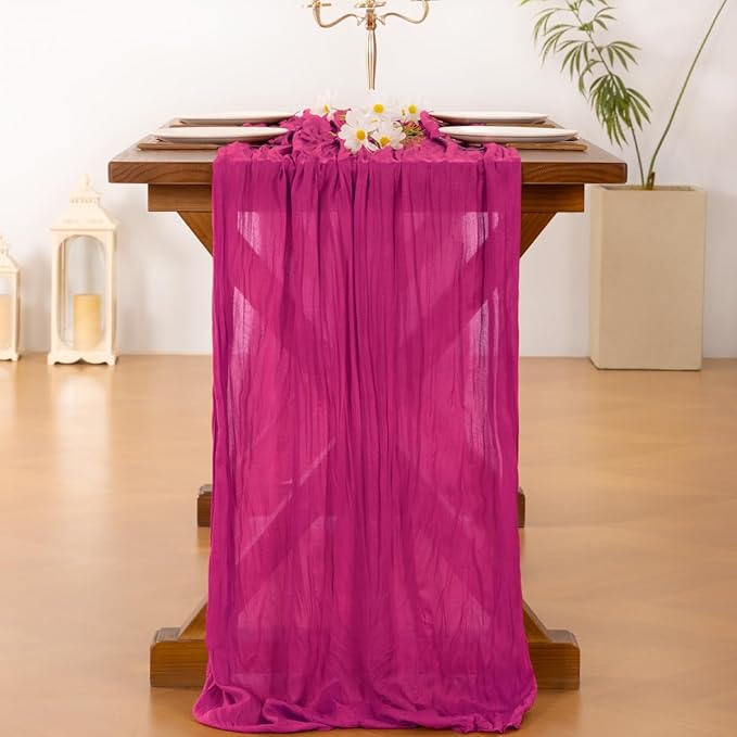 Socomi 6pcs Fuschia Cheesecloth Table Runner Boho Rustic Gauze 120 inch 10FT Cheese Cloth Runner for Wedding Party Baby Shower Birthday Home Decor