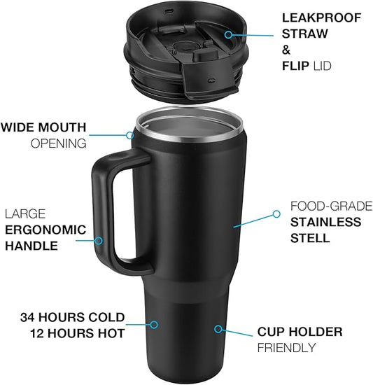 EALGRO 40 oz Insulated Water Bottle Jug with Straw and Handle, Large Metal Sport Water Flask, Stainless Steel Travel Coffee Mug Cup, Thermal Coffee Tumblers with Lid, Indigo Black
