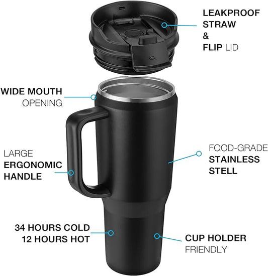 EALGRO 40 oz Tumbler with Handle, Insulated Tumblers with Lid and Straw, Large Metal Sports Water Bottle Jug, Thermal Stainless Steel Travel Coffee Mug Cup, Black