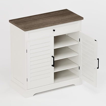 ChooChoo Farmhouse Shoe Cabinet with Doors, 4-Tier Shoe Storage Cabinet with Drawer and Shelves, Wooden Shoe Rack Organizer for Entryway, Hallway, Closet, White