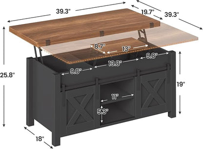 SEDETA Lift Top Coffee Table, 4 in 1 Multi-Function Convertible Coffee Tables with Storage and Hidden Compartment, Farmhouse Coffee Table Converts to Dining Table for Living Room, Black Brown