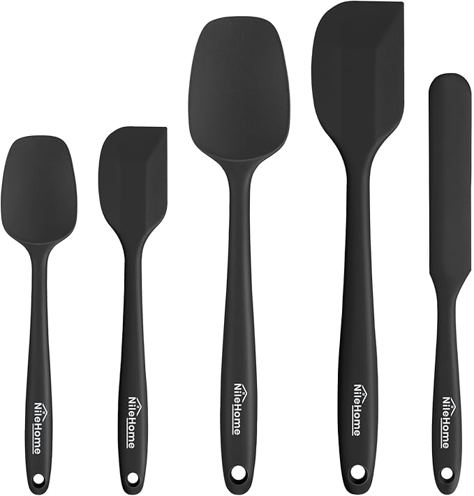 NileHome Silicone Spatula Set, 5 Pieces Food Grade Kitchen Utensils with Silicone Brush Heat Resistant Up to 600°F BPA-free Rubber Spatula for Scraping, Baking, Cooking, Mixing—Black