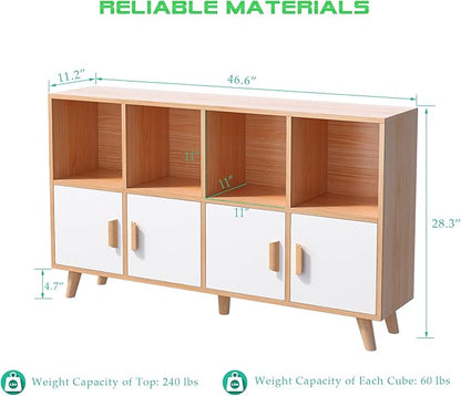 Cubby Shelf Bookcase with Doors - Wooden 8 Cube Floor Standing Open Bookshelf with Solid Wood Legs, 2-Tier Low Storage Cabinet, Oak and Warm White