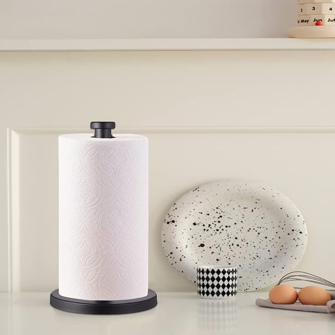 Black Standing Paper Towel Holder for Kitchen& Bathroom Countertop,Under Counter, Table Or BBQ, Standard or Jumbo-Sized Roll Paper (with Stainless Steel Base)