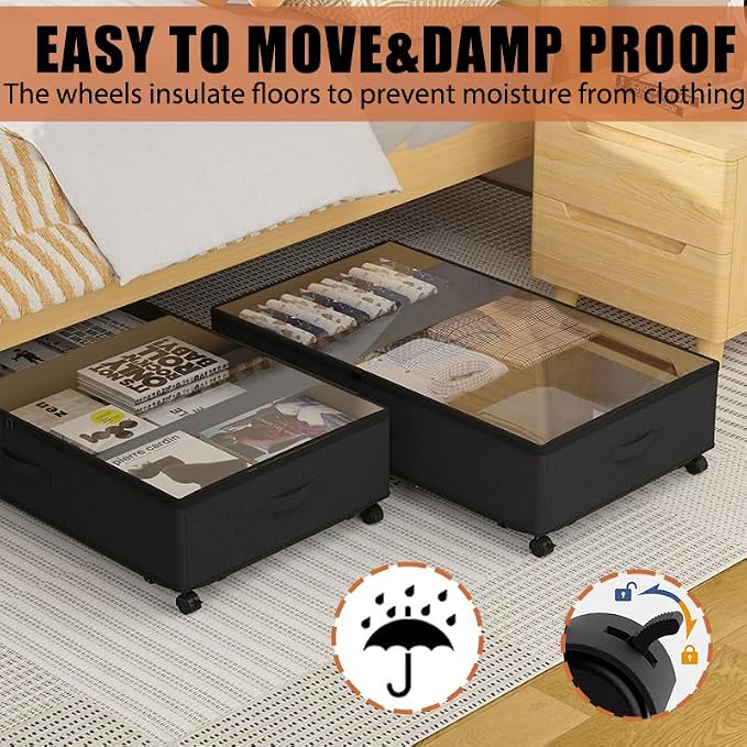 2 Pack Under Bed Storage Rolling Metal Frame Underbed Containers with Wheels Lid Visiable Window Storage Bag Box Organizer Home Closet Organization Drawer Bins for Clothes Shoes Toys Blanketss Black