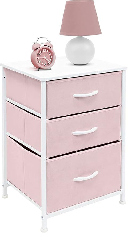 Sorbus Nightstand with 3 Drawers - Furniture Storage Chest Tower Unit for Bedroom, Hallway, Closet, Office Organization - Steel Frame, Wood Top, Pastel Fabric Bin (Pink)