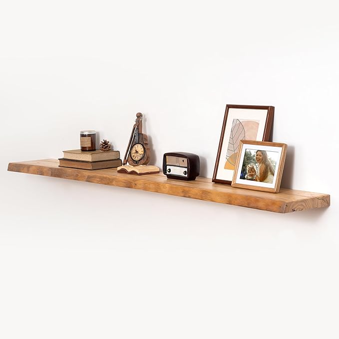 fuqing Live Edge Floating Shelves for Wall 72 Inch - 9 Inch Deep Rustic Solid Elm Wood Floating Wall Shelves - Natural Wooden Shelves with Heavy Duty Brackets and Anchors