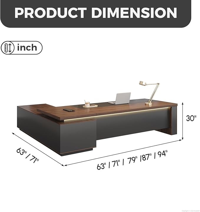 Nuipens 87 Inch Reversible L Shaped Executive Desk for CEO & Manager, Office Workstation with Power Outlet & USB Ports, LED Light Strip, Side Storage Cabinet, Charging Station