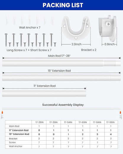 Supforce Closet Rods for Hanging Clothes, 17 to 39 Inches Stepless Adjustable Metal Closet Rod, 1.3 Inches Heavy Duty Clothes Hanging Rod for Closet Wardrobes Laundry RV, White