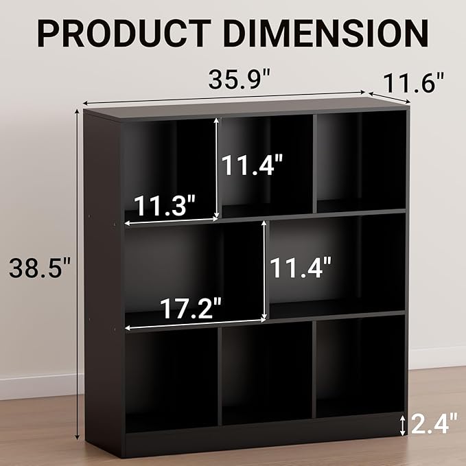Black Bookshelf, Wooden Bookshelf with Base, Cube Storage Organizer, Bookcase for Living Room,Bedroom,Study and Office (Black, 8-Cube)