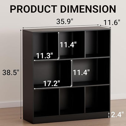 Black Bookshelf, Wooden Bookshelf with Base, Cube Storage Organizer, Bookcase for Living Room,Bedroom,Study and Office (Black, 8-Cube)