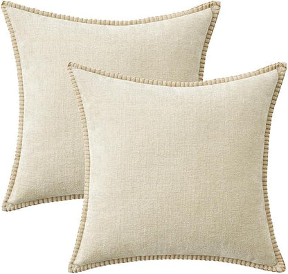 MIULEE Pack of 2 Pillow Covers 20x20 Inch Cream White Farmhouse Decorative Throw Pillow Covers with Stitched Edge Soft Chenille Solid Dyed Couch Pillow Covers for Sofa Bed Living Room