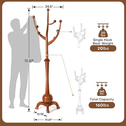 Wooden Coat Rack Freestanding with 8 Hooks, Heavy Duty Coat Hanger Stand with Stable Base, Vintage Coat Tree Standing Coat Racks for Entryway, Hallway, Bedroom (Light Brown)