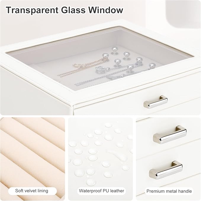 DesignSter Jewelry Box Organizer, Jewelry Box for Women, PU Jewelry Organizer Display Case with Side Drawers, Jewelry Storage for Earring Necklace Ring Bracelet Watch