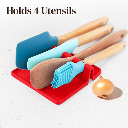 Cooler Kitchen Red Silicone Spoon Rest for Stove Top with Drip Pad (Two Pack) - Heat-Resistant, BPA-Free Utensil Rest & Spoon Holder for Kitchen Counter - Grill Utensil Holder for Spatulas