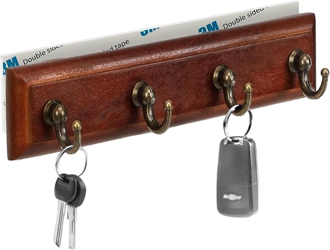 Key Holder for Wall Adhesive, No Damage Small Key Rack with 4 Hooks for Camper, RV or Office, Brown