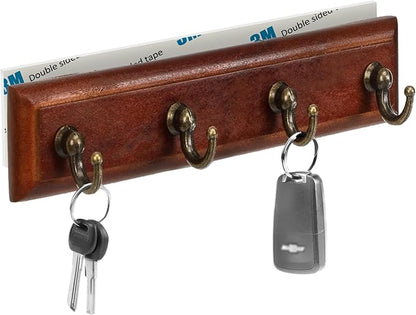 Key Holder for Wall Adhesive, No Damage Small Key Rack with 4 Hooks for Camper, RV or Office, Brown