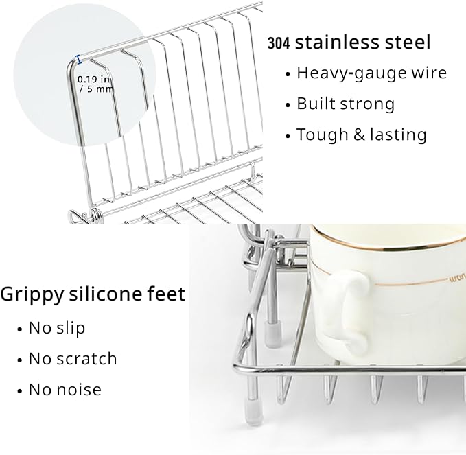 Collapsible Dish Drying Rack, 304 Stainless Steel Foldable Dish Rack for RV Camper Travel Trailer Boat, Folding Dish Drainer with Absorbent Mat, Compact Space Saving Kitchen Organizer, Silver