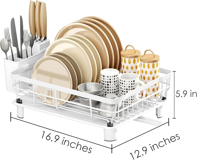 AIDERLY Metal Dish Drying Rack Automatic Drainage, White, Large | Removable Cutlery Basket, Drainboard & Knife Slots, Dish Drainers, for Kitchen Counter Sink