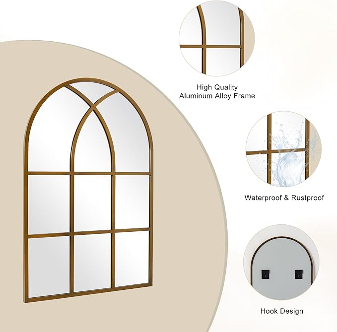 Arched Window pane Wall Mirror 24"x36", Window Shaped Farmhouse Style with Aluminum Frame, Decorative Wall Mirror Leaning Hanging for Living Room, Courtyard, Bedroom, Entryway, Bronze