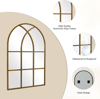 Arched Window pane Wall Mirror 24"x36", Window Shaped Farmhouse Style with Aluminum Frame, Decorative Wall Mirror Leaning Hanging for Living Room, Courtyard, Bedroom, Entryway, Bronze